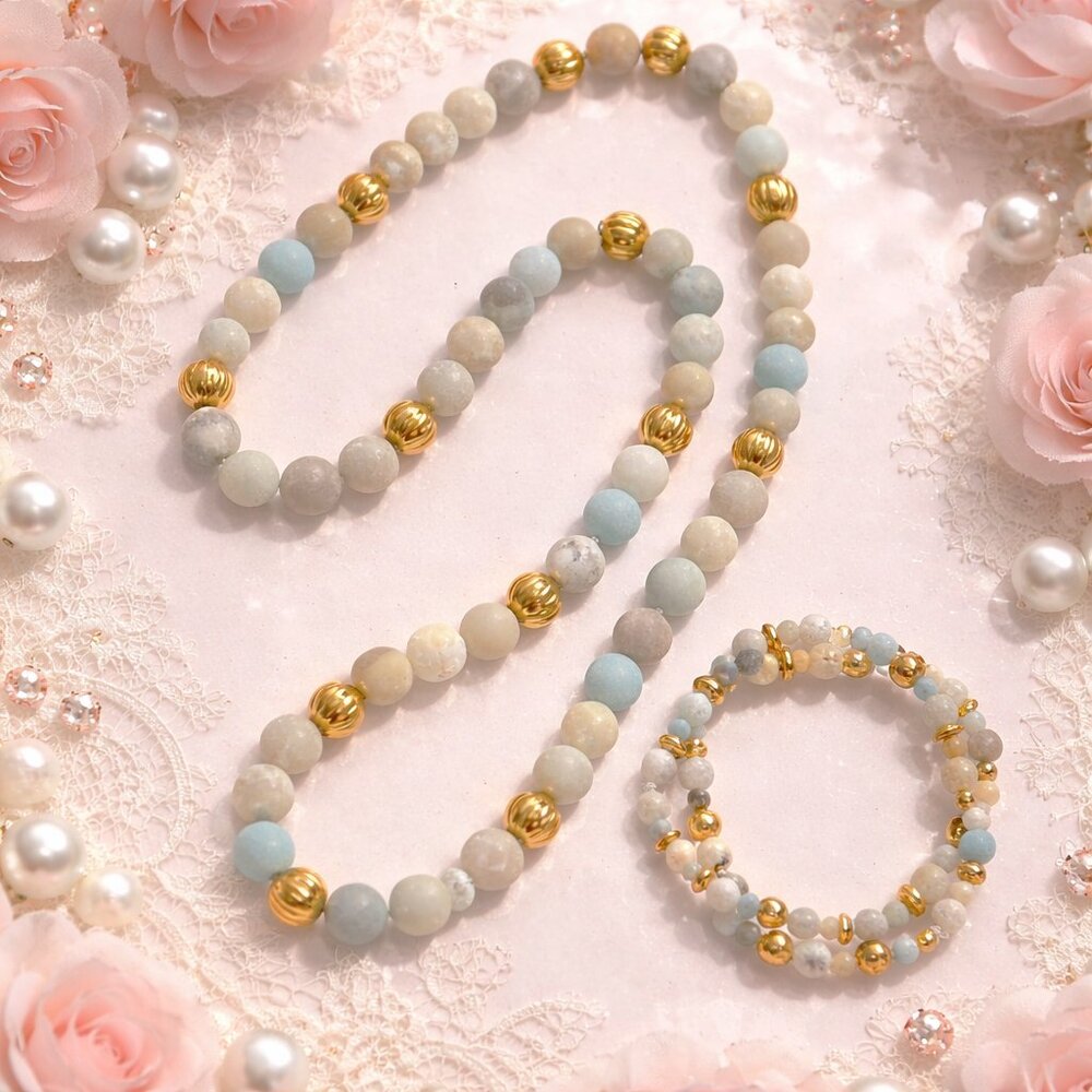 Matte Light Green &Tan Amazonite Beads with‎ Gold Spacers Necklace & Bracelet - Picture 2 of 2